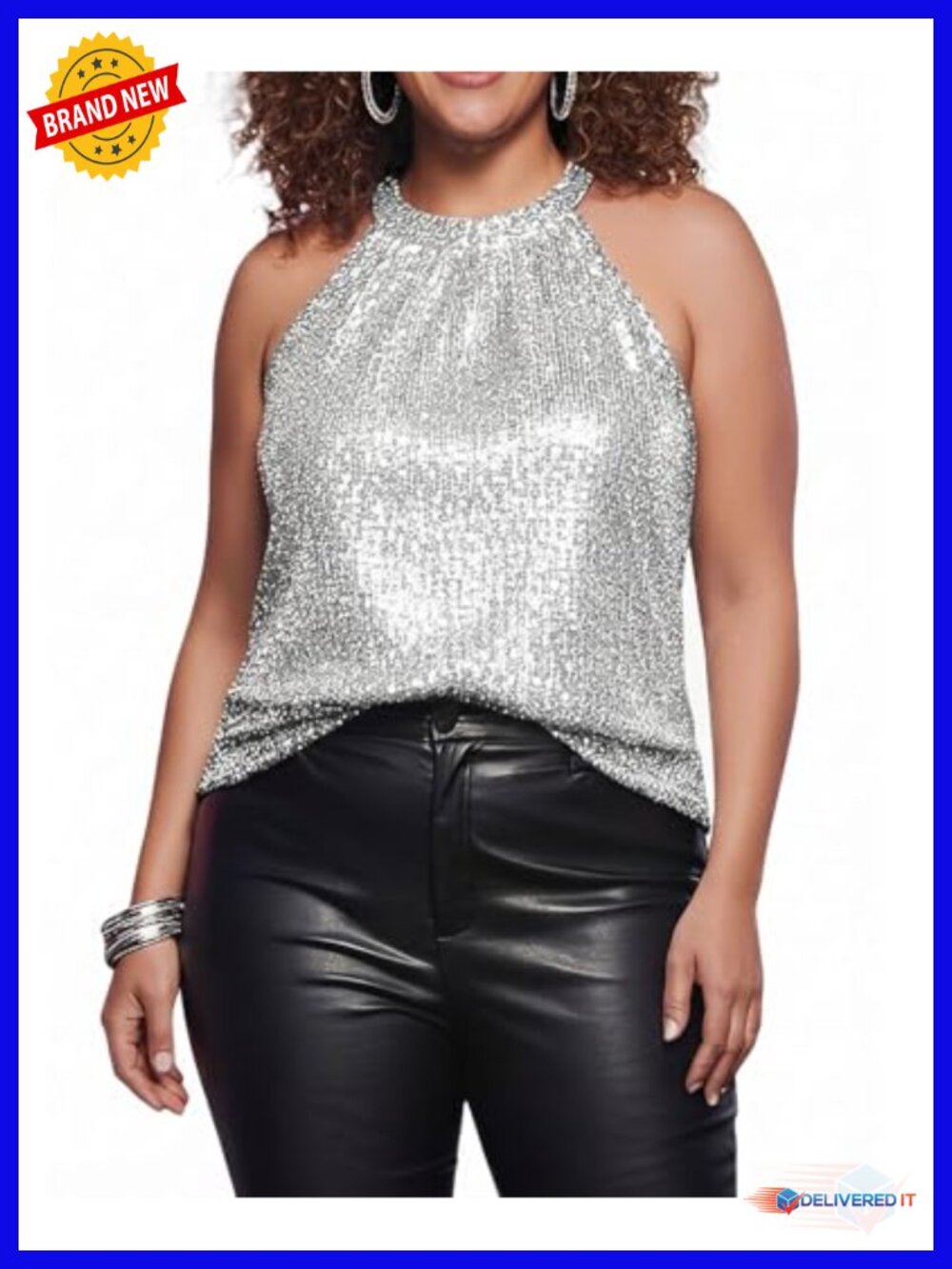 Sparkly Sequin Halter Tank Top Sleeveless Shiny Glitter Club Concert Top